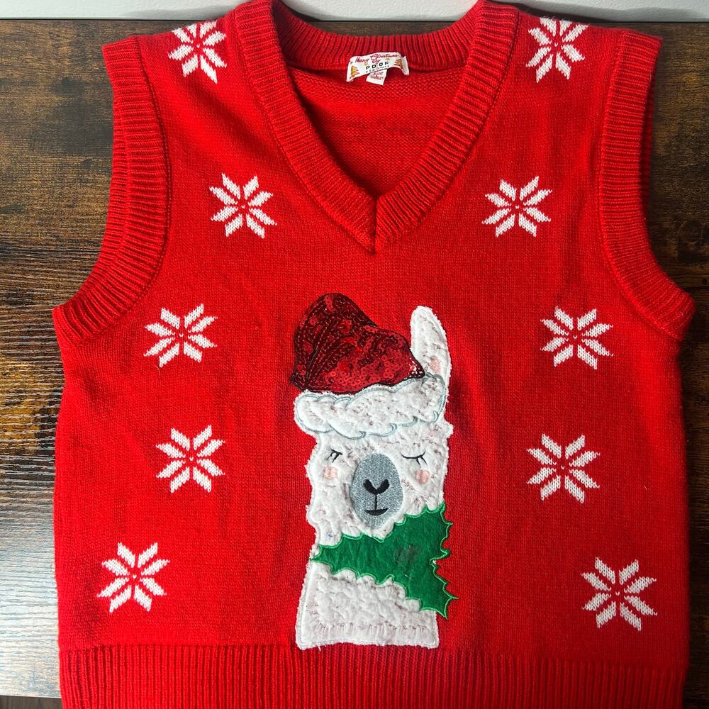 Poof New York Christmas Sweater Vest Holiday Llama‎ Sequins Women's L Red Winter